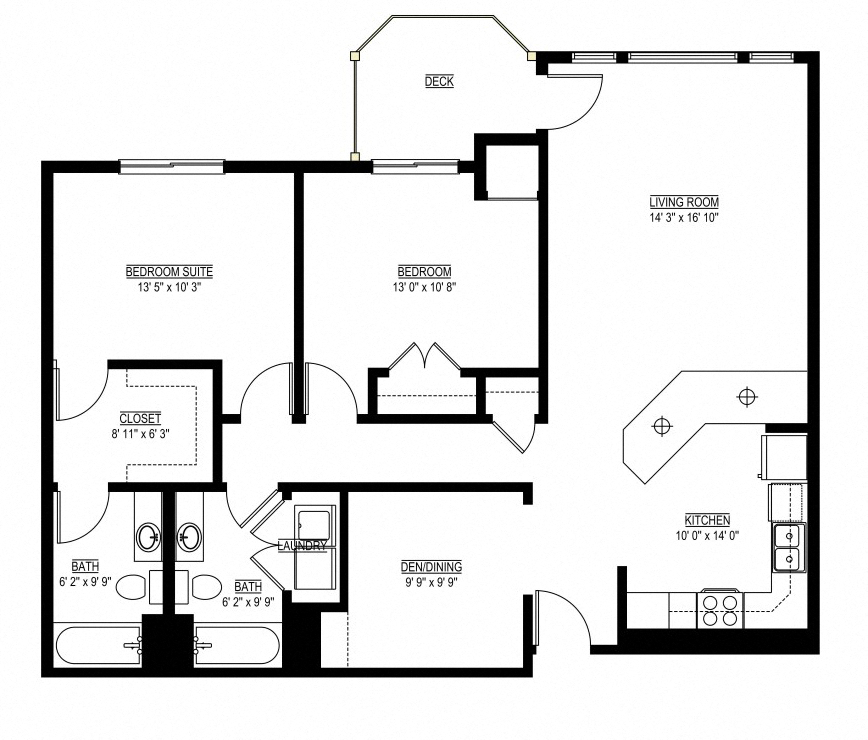 Floor plan for 2 beds, 2 baths, 1186 sqft